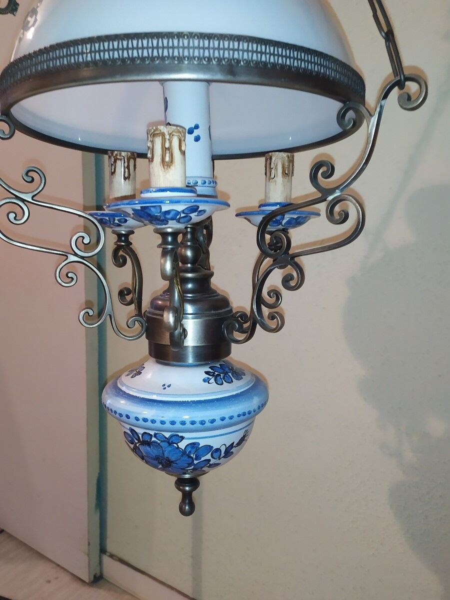 Opaline white porcelain blue 3 branch hanging lamp