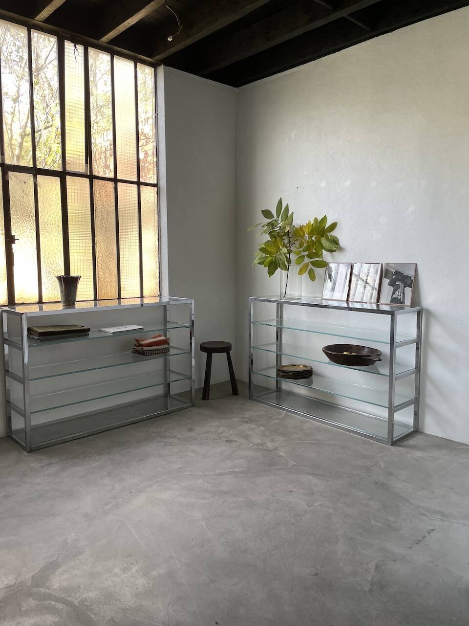 Pair of chrome and glass shelves from the 70s