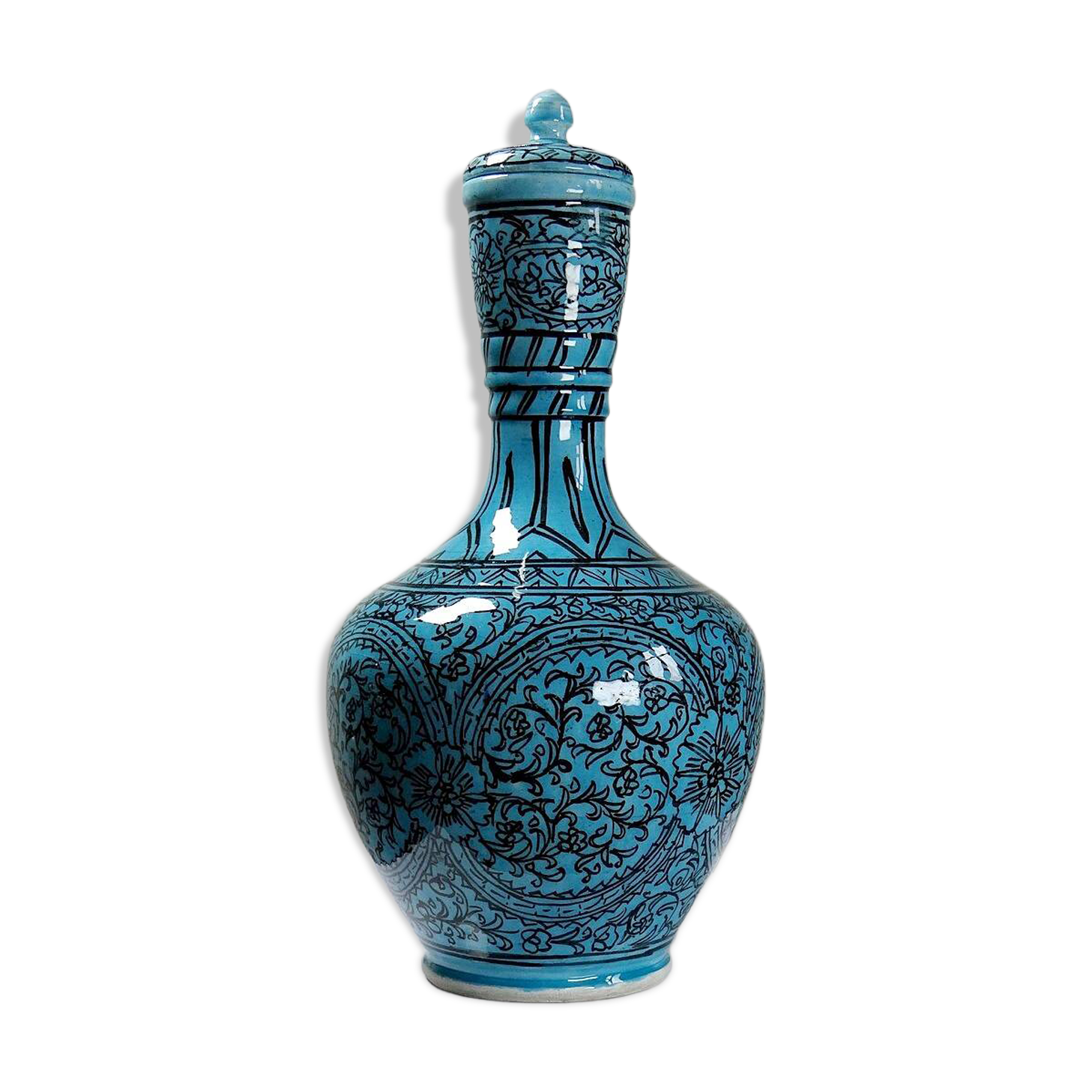 Covered vase or Persian jar, glazed Iznik pottery, vintage turquoise painted.