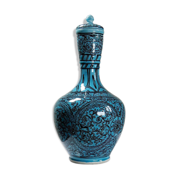 Covered vase or Persian jar, glazed Iznik pottery, vintage turquoise painted.