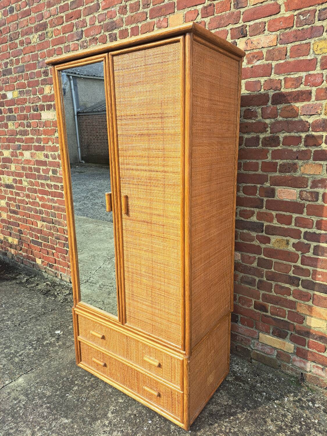 Large rattan wardrobe with mirror
