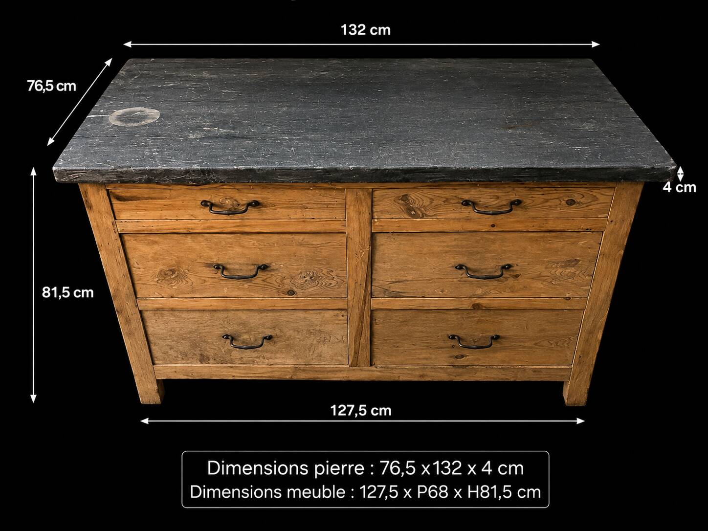 Old wooden workshop furniture with a stone top.