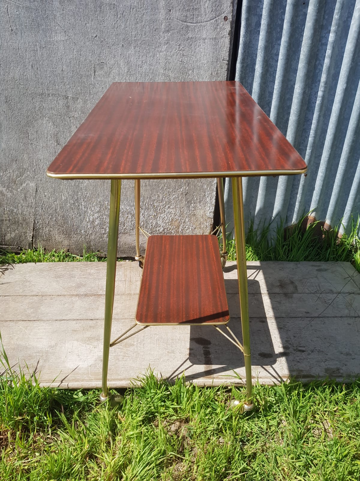 Ancient Dessert Table On Roulettes Golden Metal - Formica 70s Vintage