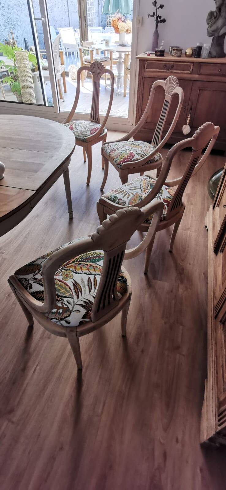 4 vintage wooden chairs sanded and reupholstered.