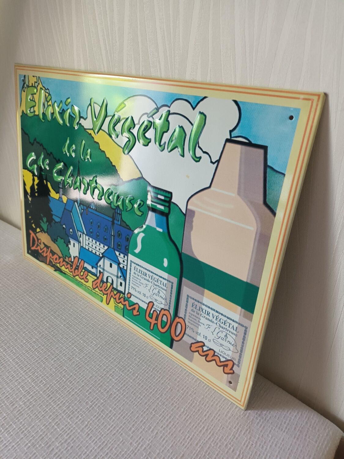 Chartreuse enamelled sheet metal advertising plate