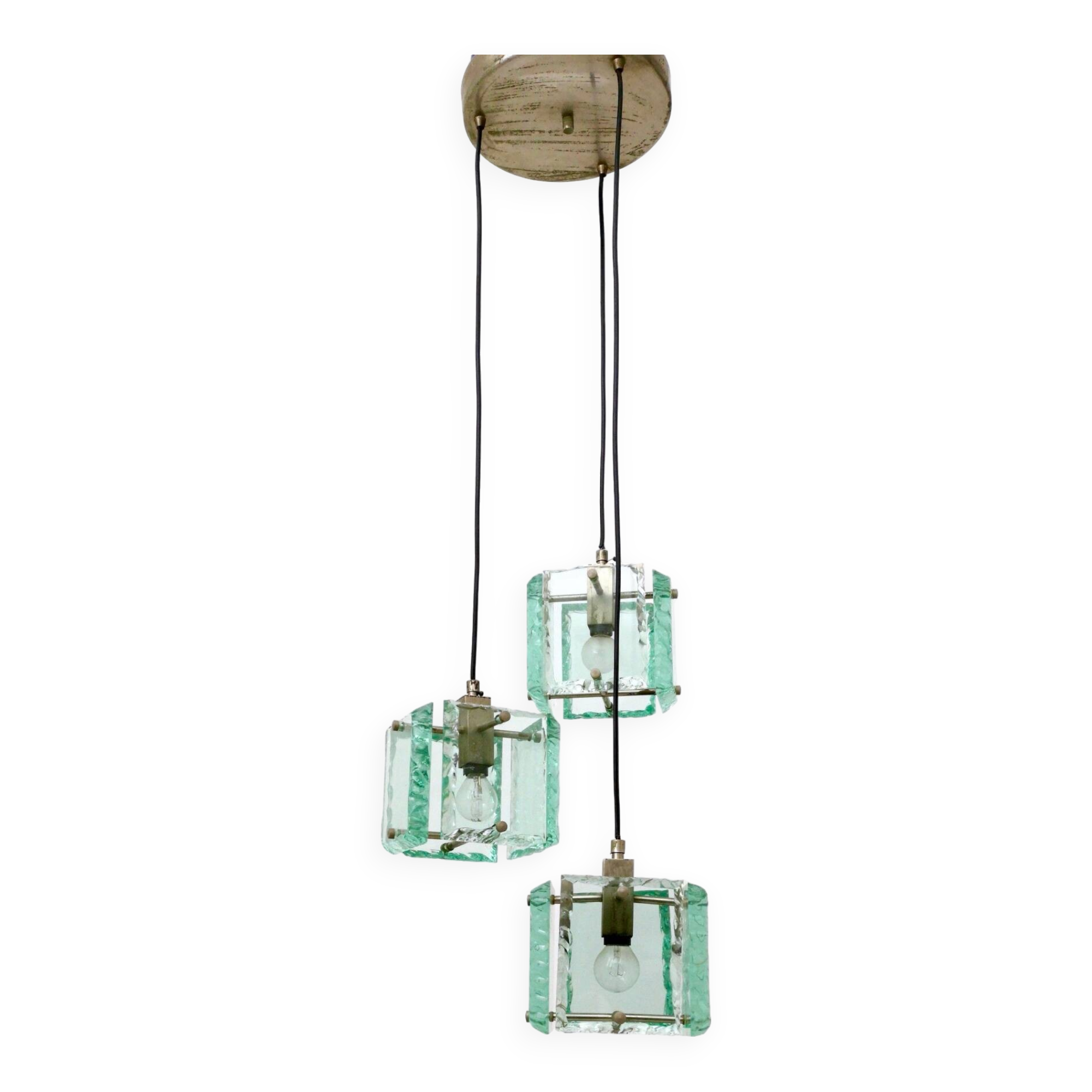 Vintage Three-Light Nile Green Glass Pendant Light by Zero Quattro, Italy