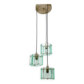 Suspension vintage à trois lampes en verre vert Nil par Zero Quattro, Italie