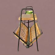 Vintage magazine rack in black metal, wood and rattan with ceramic ashtray