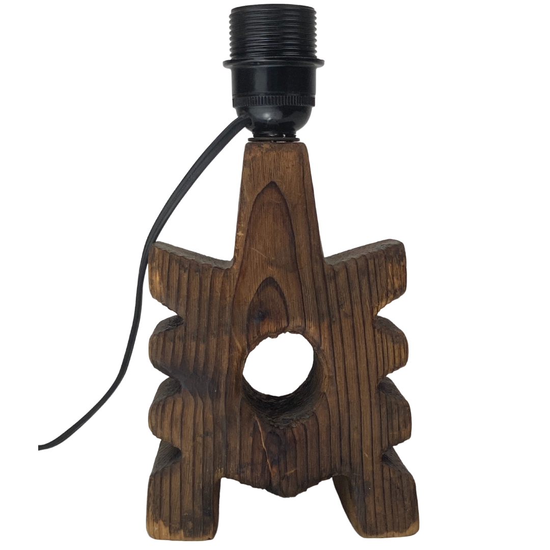 Brutalist wooden table lamp with teddy boucle shade. Dutch, 1970s