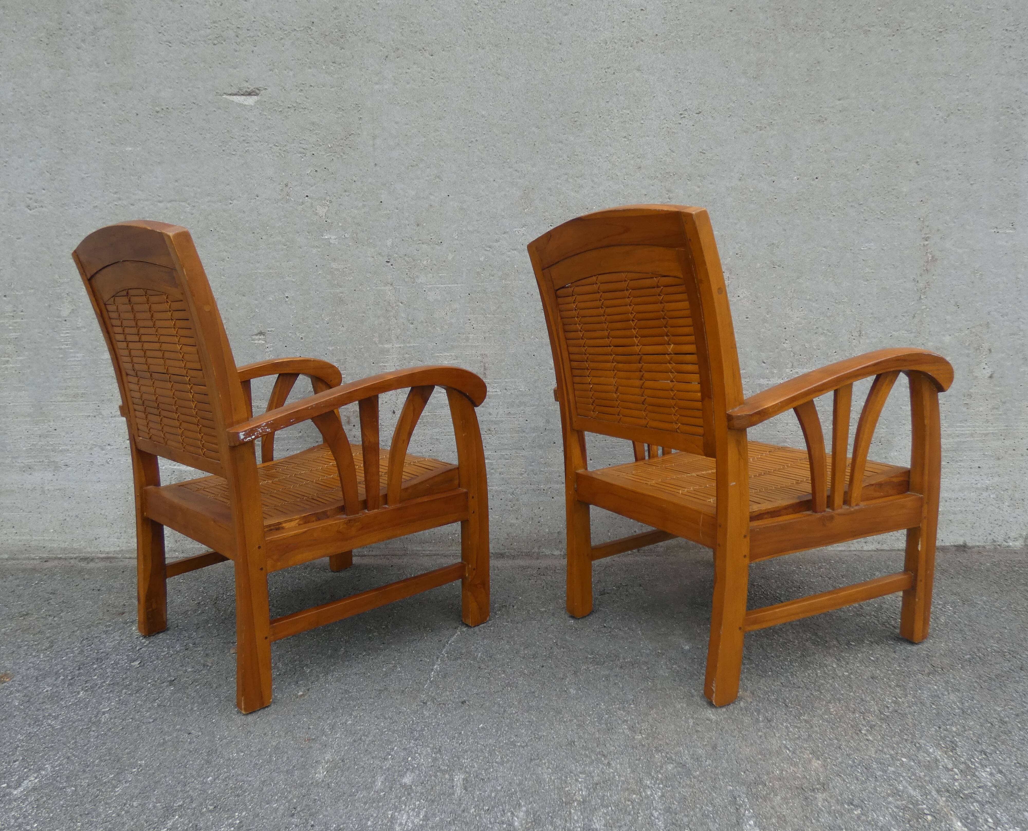 2 colonial bamboo and teak armchairs