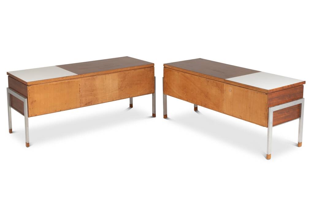 Pair of low chests of drawers in teak and chrome metal. 1960s.