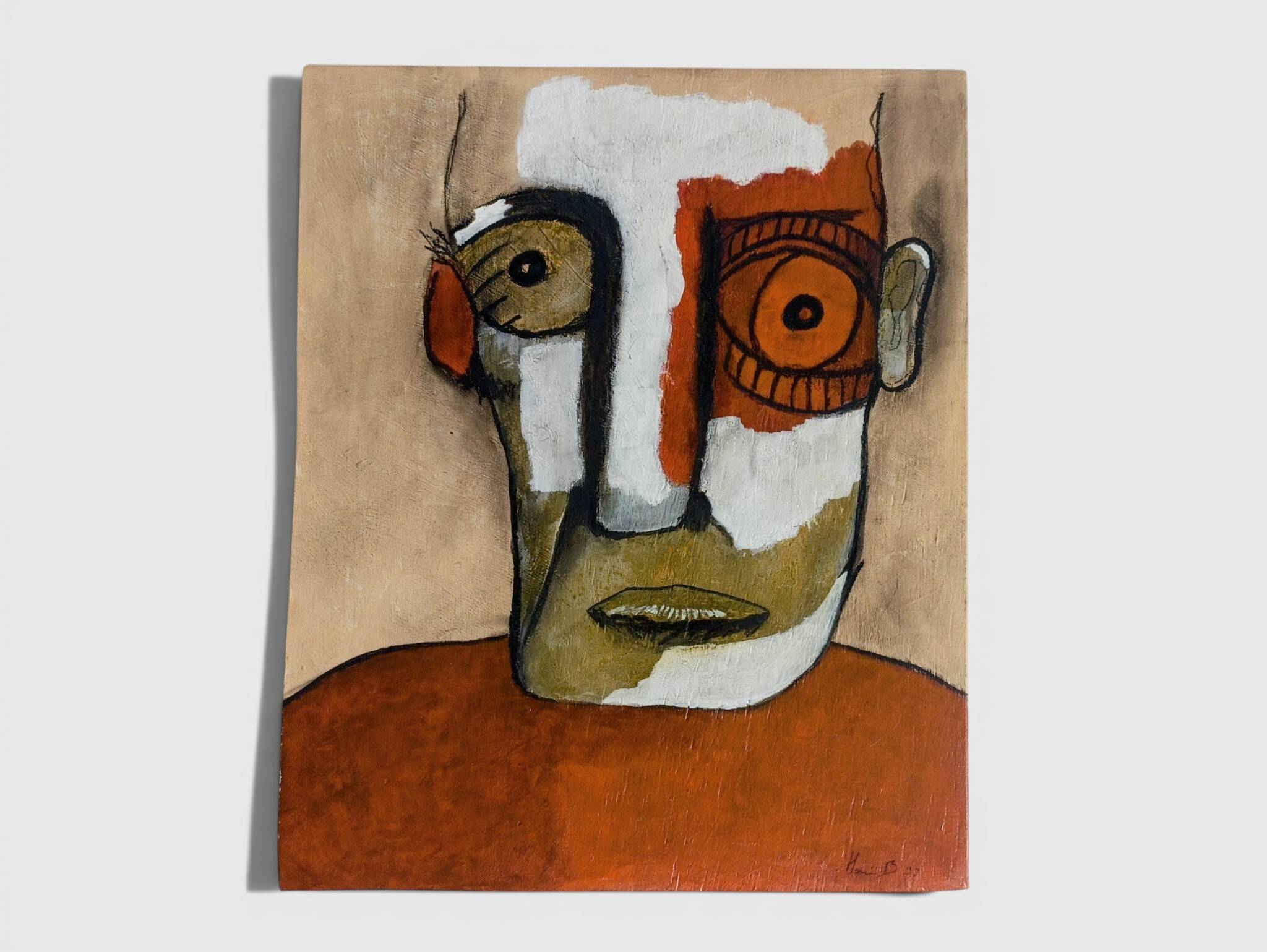 Abstract neo-primitive French portrait painting, mixed media on panel, 1999