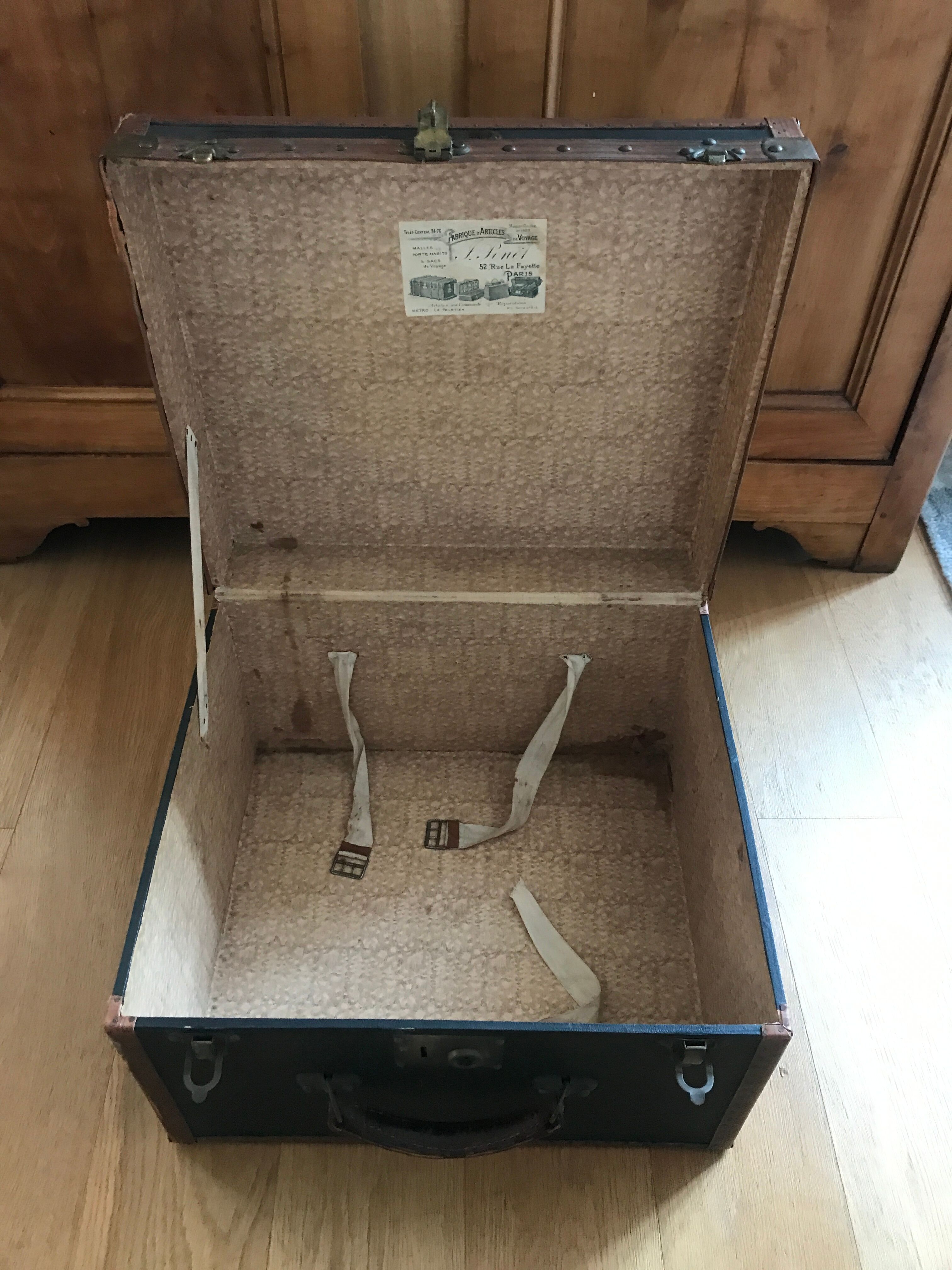 Old square travel trunk J Penet