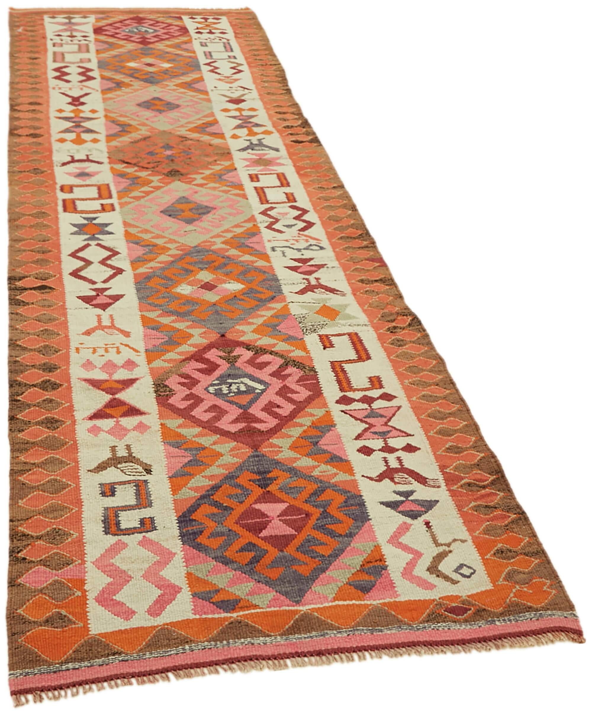 Turkish Handwoven Vintage Herki Kilim 110 cm x 318 cm