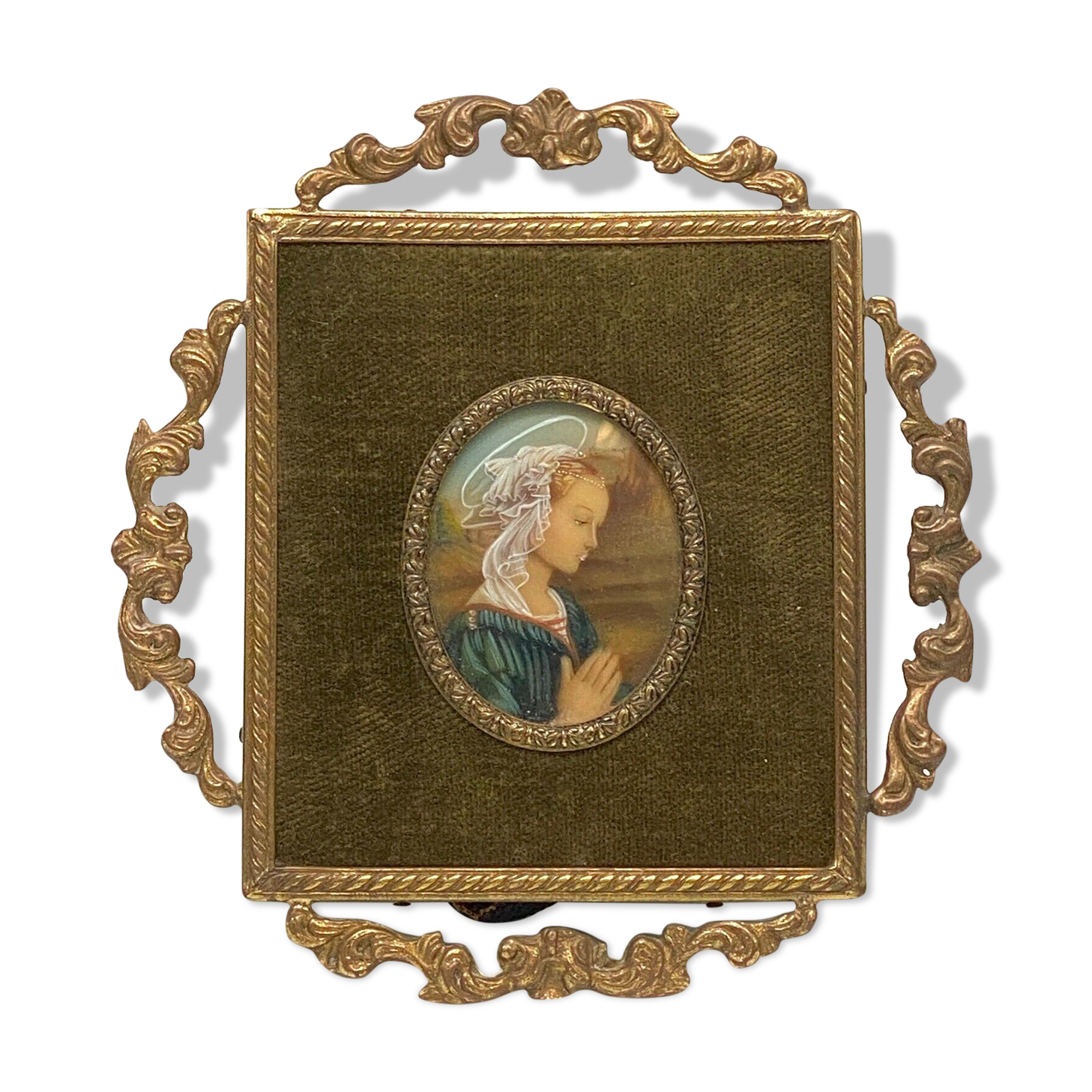 Miniature vierge en priere 1900 velours rose dore peinte a la main