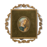Miniature vierge en priere 1900 velours rose dore peinte a la main