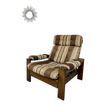 Ancien fauteuil design années 70 bois et tissu origine vintage