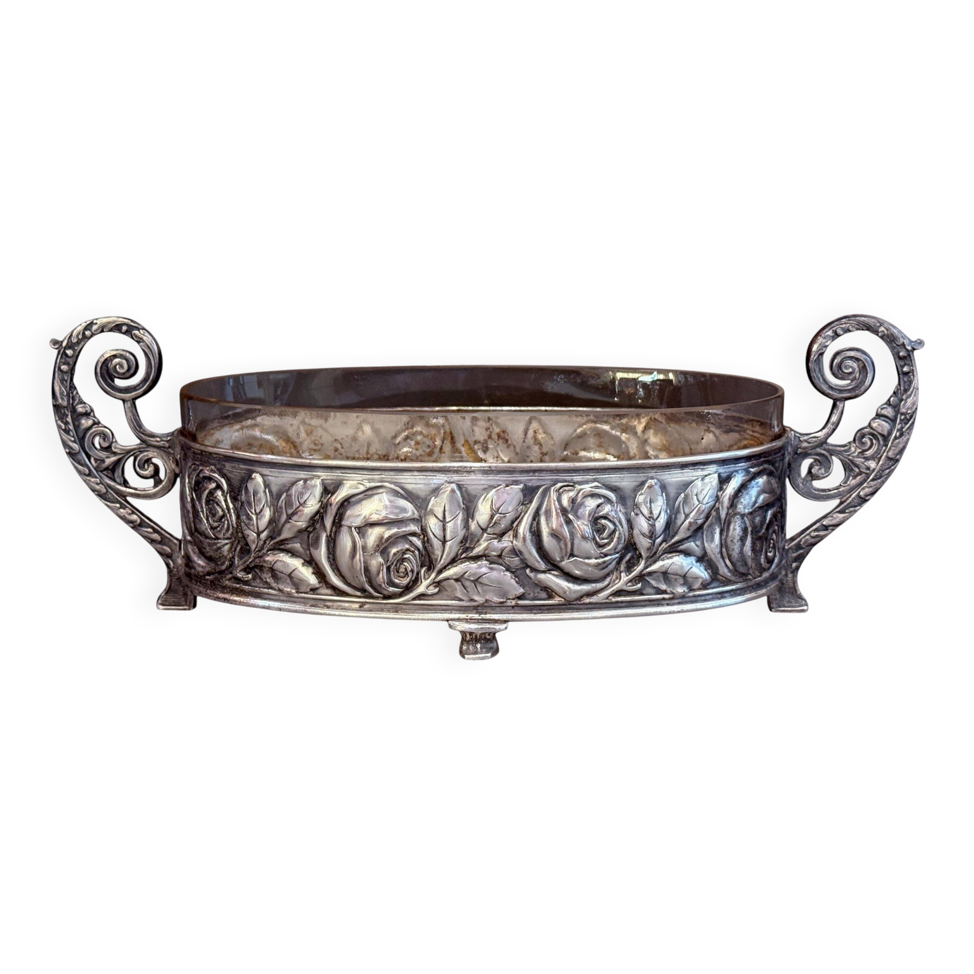 Antique Silver Cup Rose Silver & Crystal Jardiniere Decorative Bowl Cup