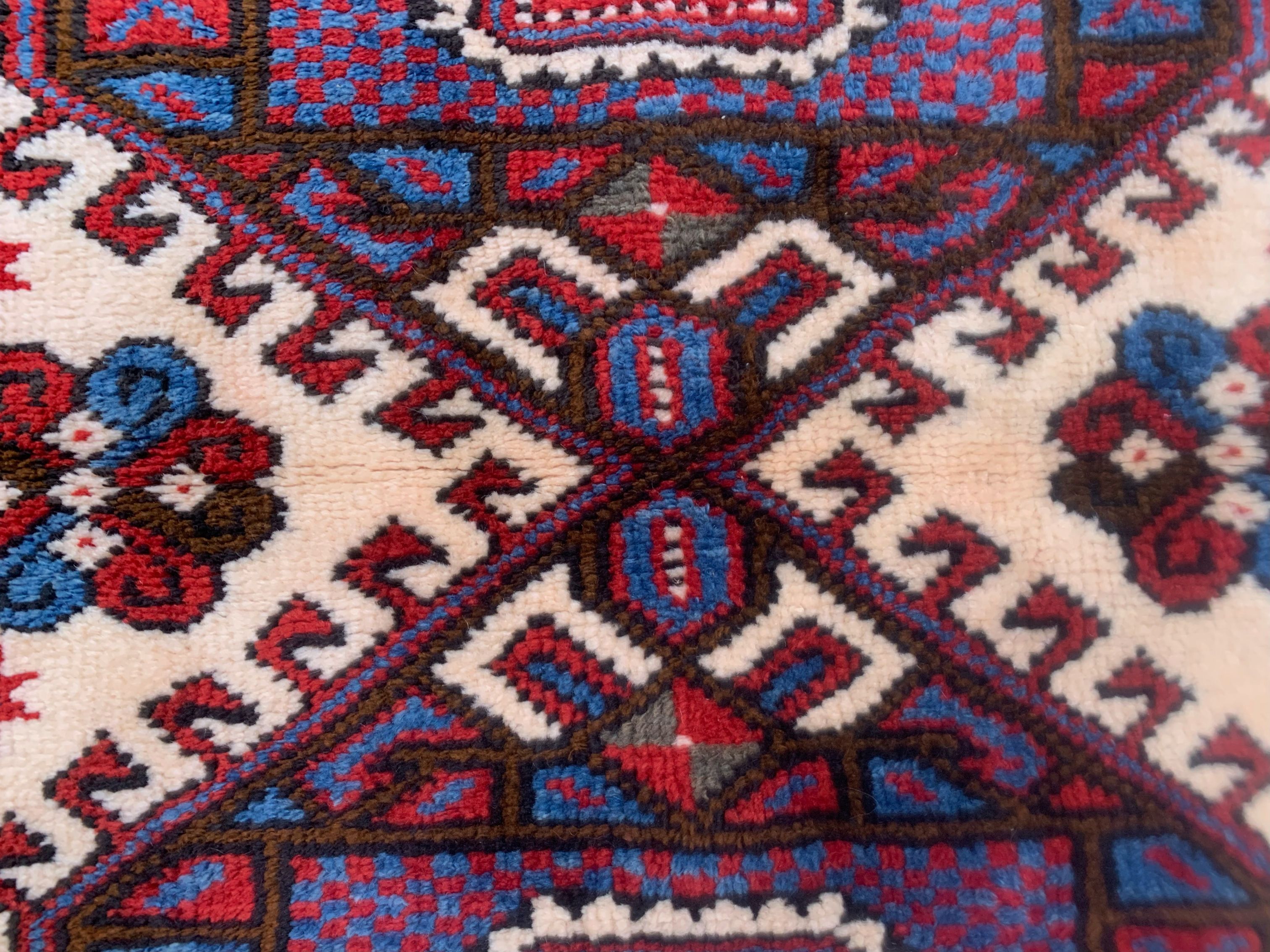 Old turkish kazak rug 129x91 cm vintage tribal carpet, red and blue large