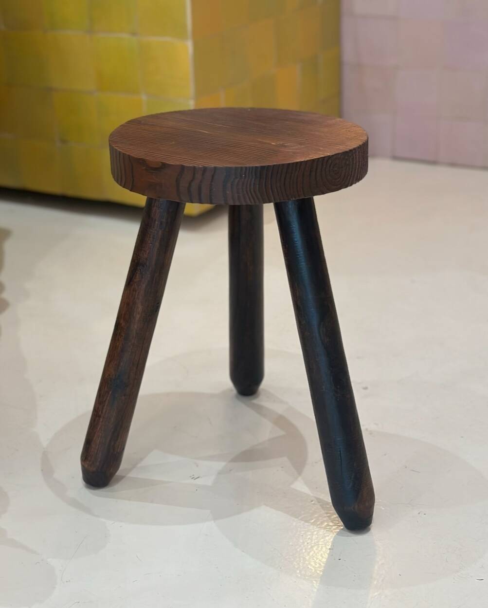 Vintage brutalist tripod stool compass legs - wood