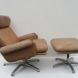 Mid-century vintage high back leather Swivel Armchair with Ottoman, 1970s