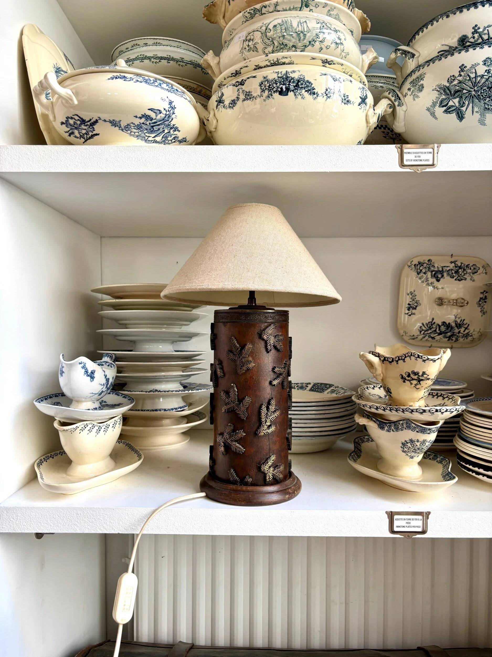 Dark wood and beige cotton block print table lamp