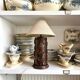 Dark wood and beige cotton block print table lamp