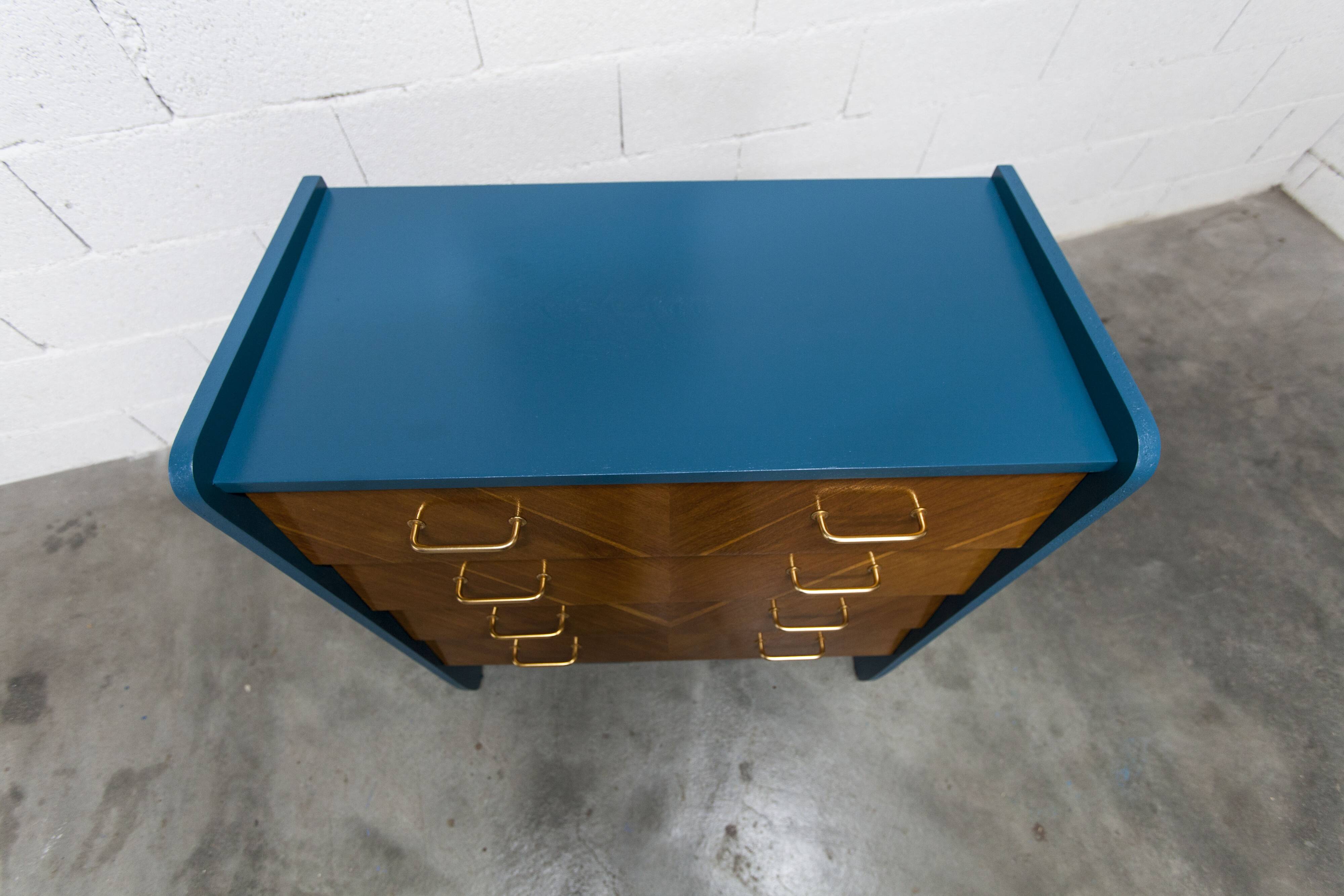 Commode scandinave 1960 atypique bleu Satiné 4 tiroirs