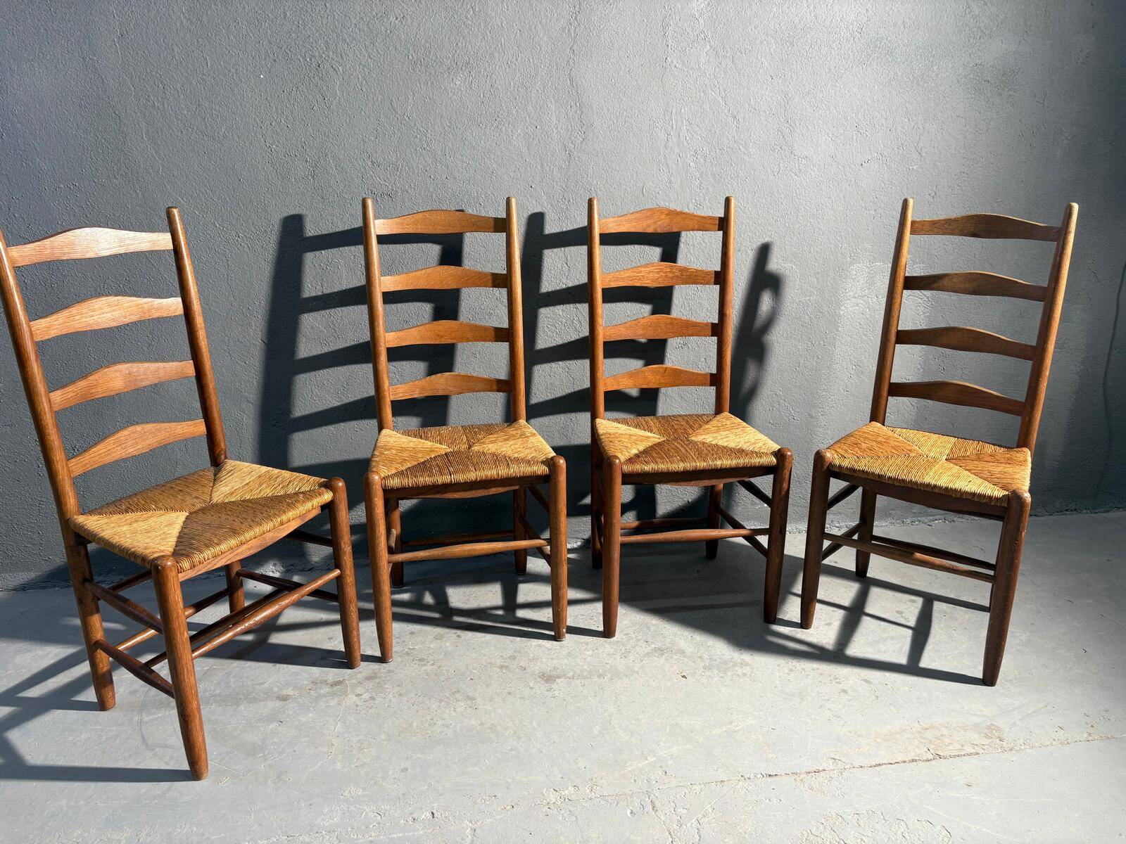 Dining Chairs, Rustic Oak Ladder Back, Set of 4, 1960s Belgium