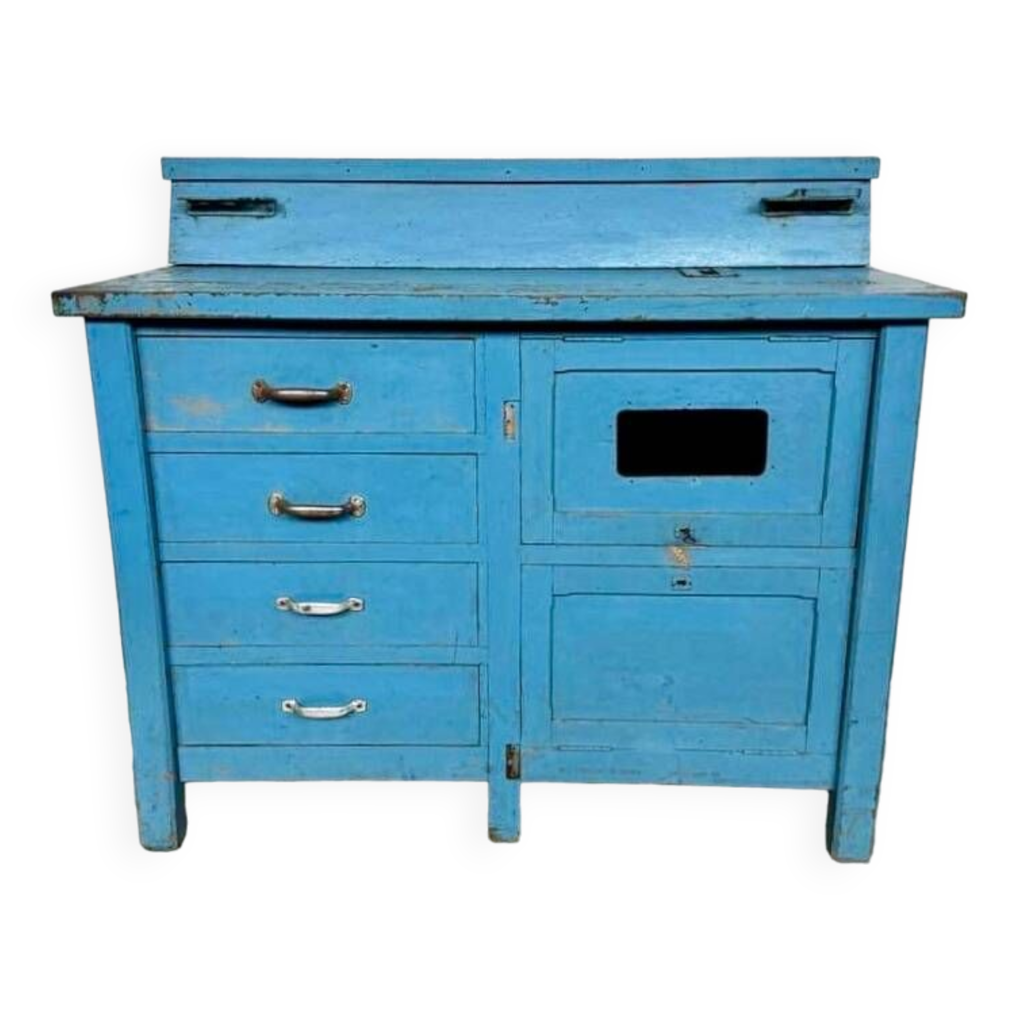 Wooden commercial workshop furniture with 4 drawers and 2 hinged doors - original patina
