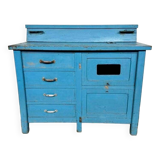 Wooden commercial workshop furniture with 4 drawers and 2 hinged doors - original patina