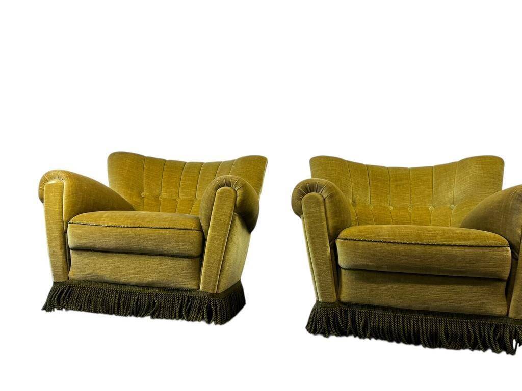 Set de 2 fauteuils vintage verts avec franges