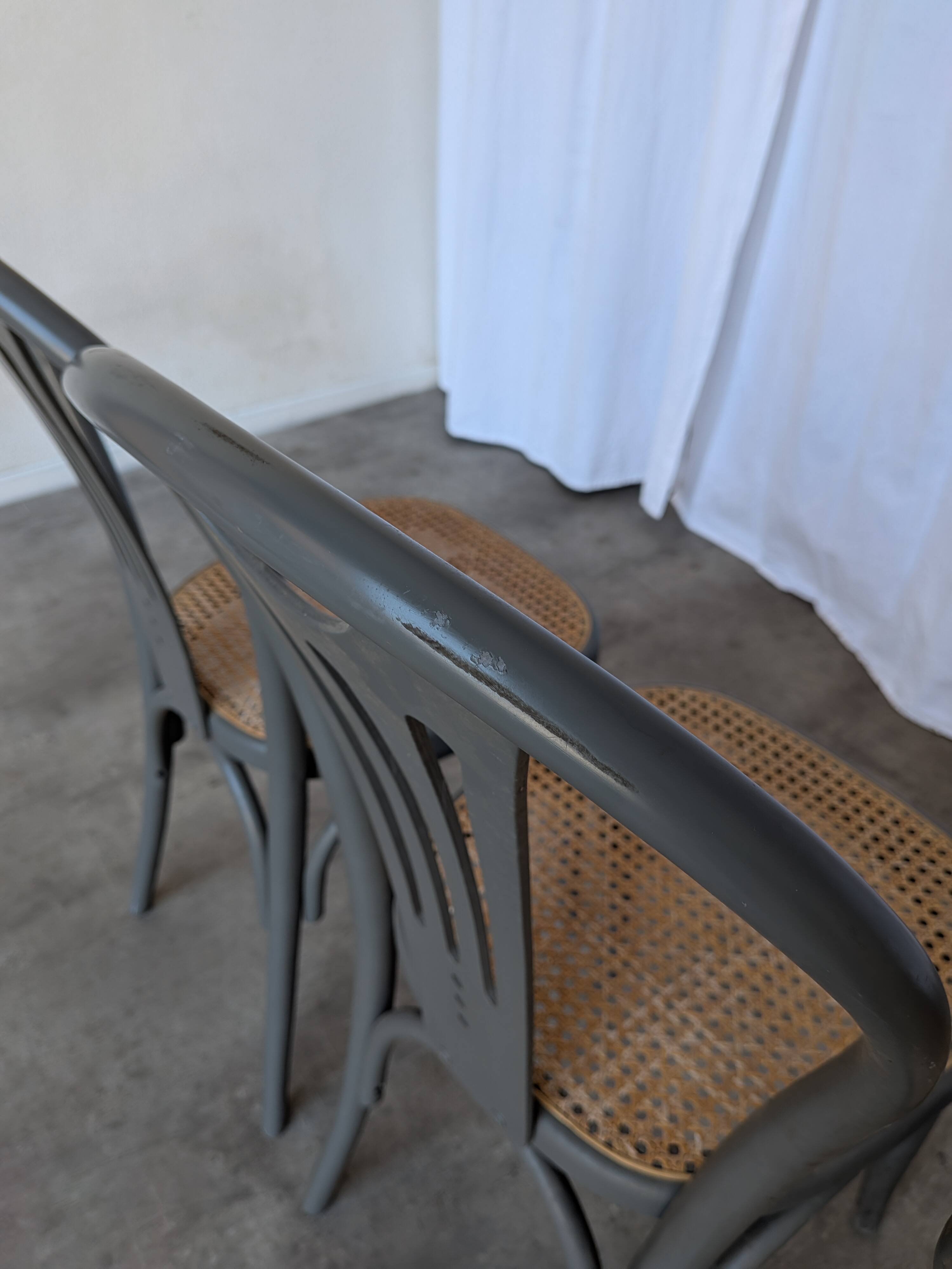 Set of 4 Vintage Gray Thonet Style Dining Chairs with Cane Seat