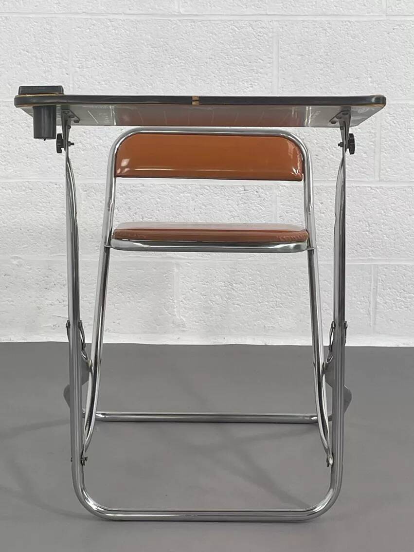 Vintage folding school desk with faux leather seat