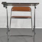 Vintage folding school desk with faux leather seat