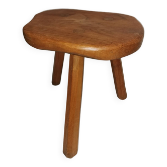 Brutalist wooden stool, tripod base, door plants 50s 60s