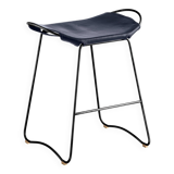 Tabouret de cuisine contemporain Organic Acier noir et cuir bleu marine