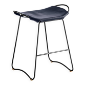 Tabouret de cuisine contemporain Organic en acier noir et cuir bleu marine.