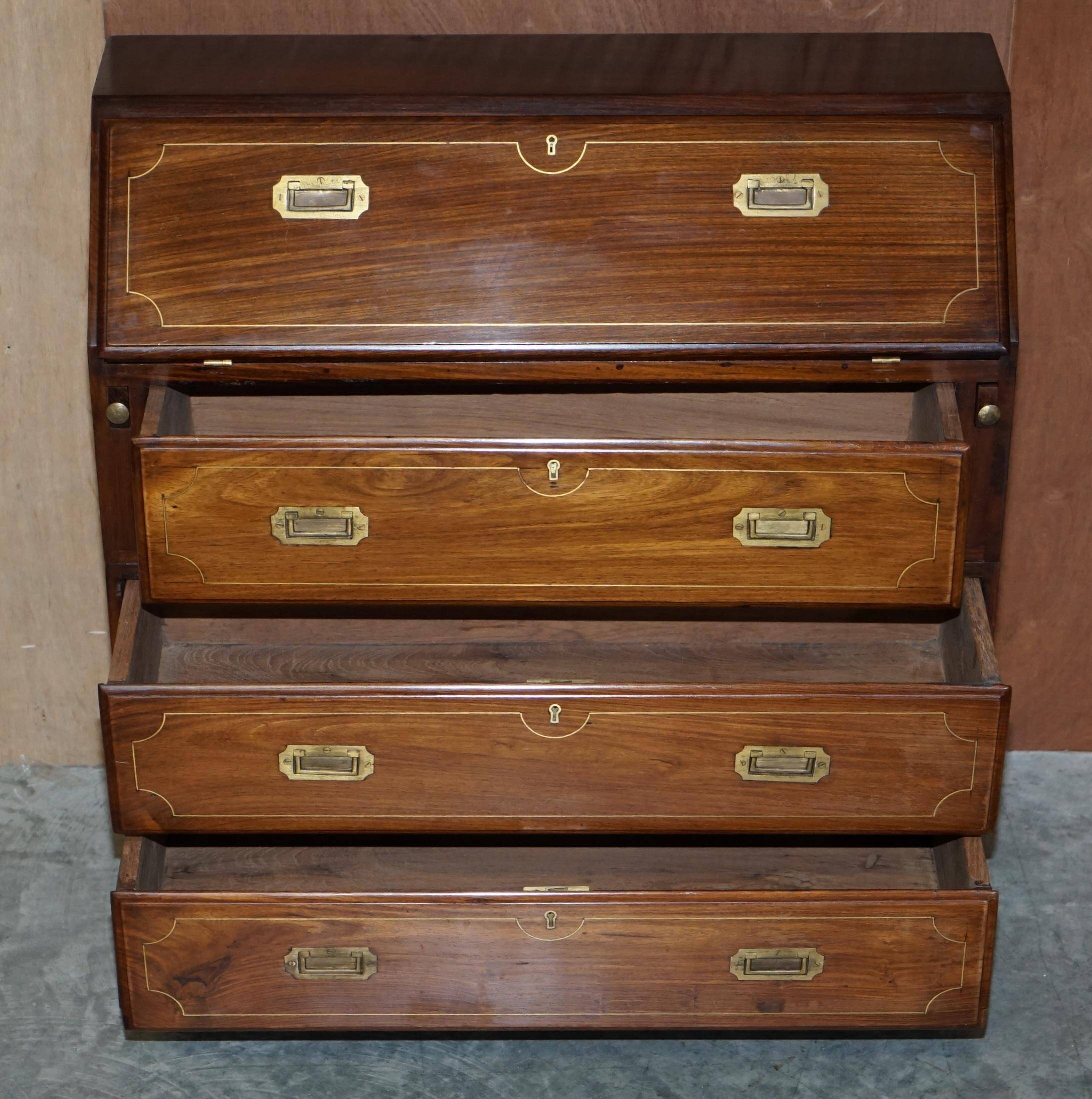 Anglo-Indian military desk in camphor wood and brass