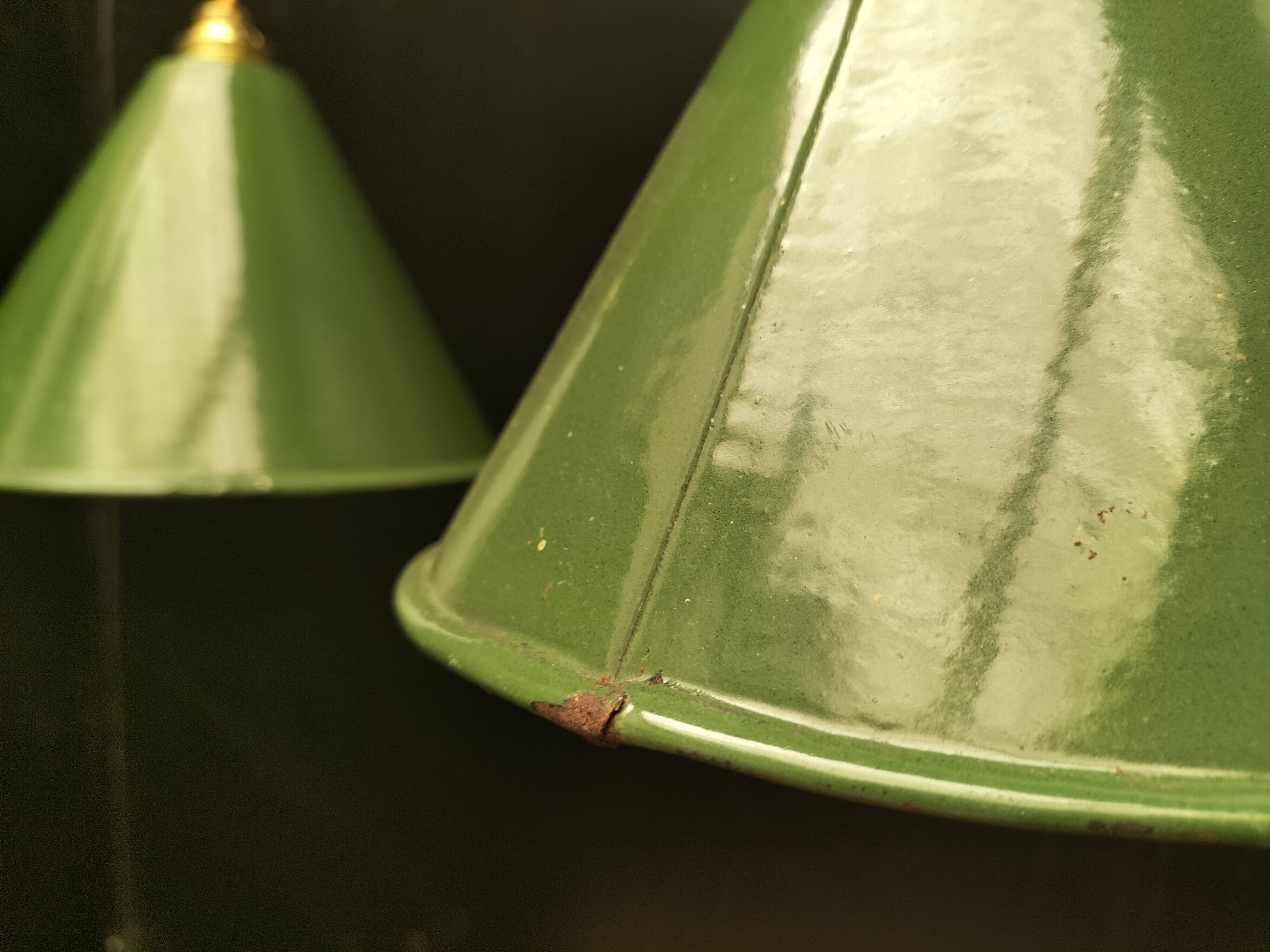 2 enameled sheet metal cone pendants