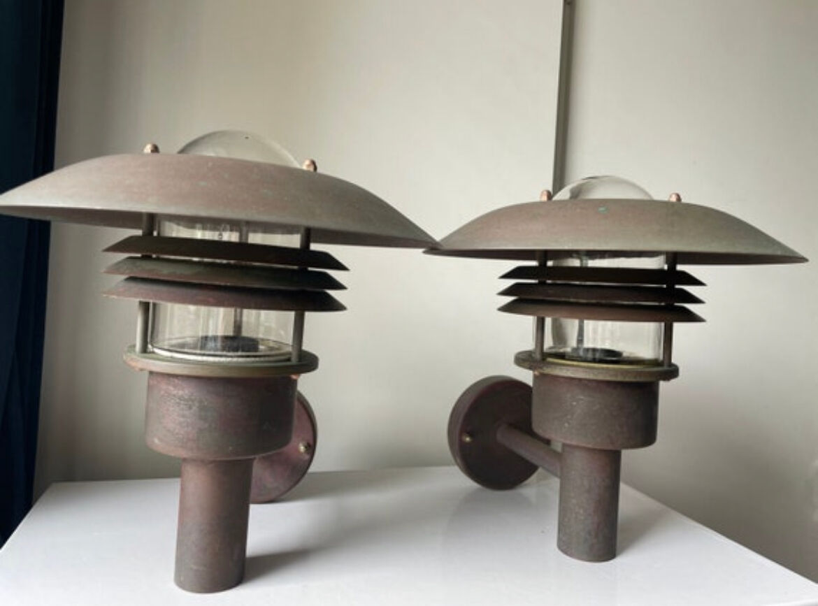 Pair of classic danish vintage MCM outdoor wall lamp in copper
