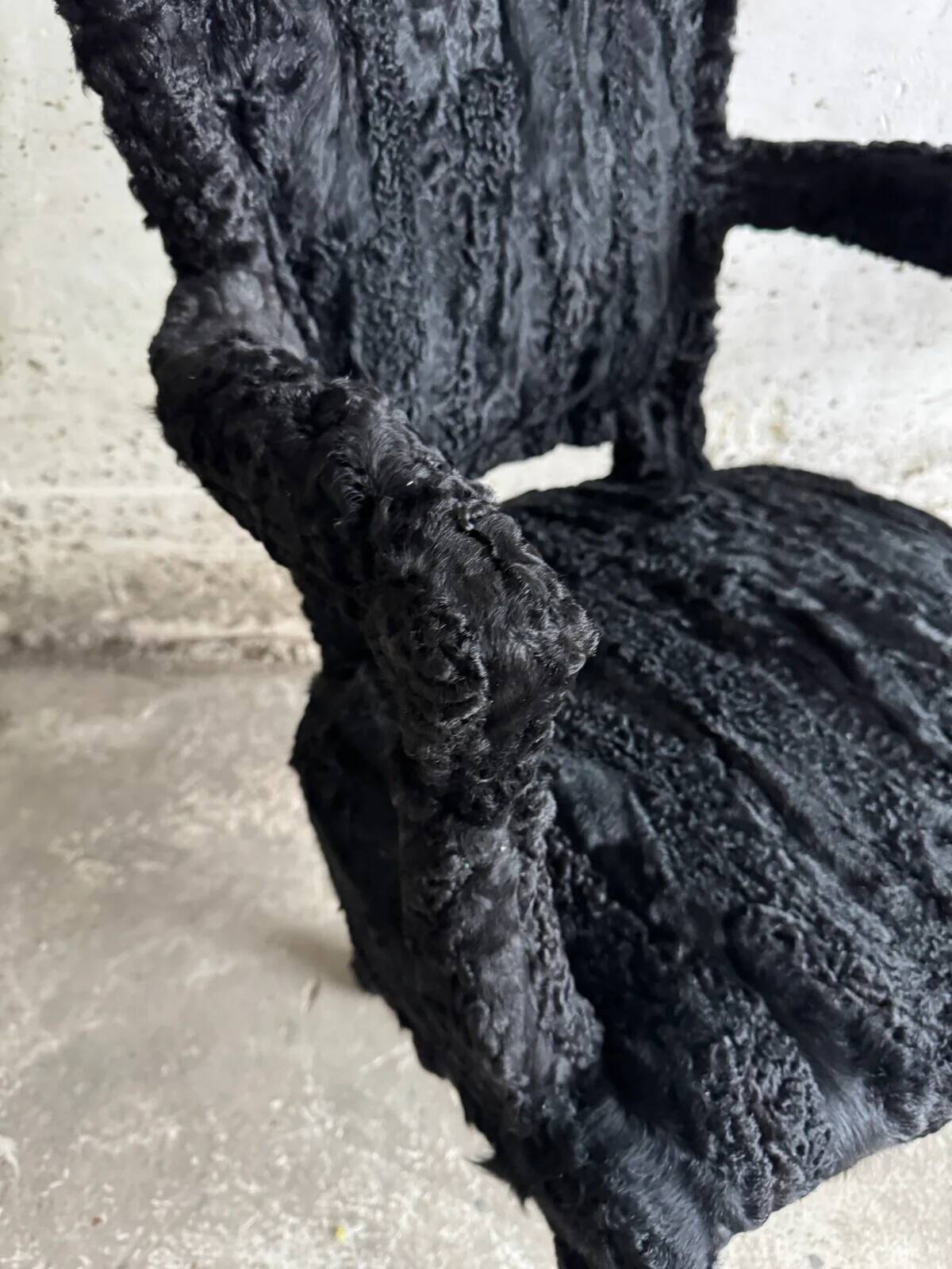 Set of 2 Black Feather-Textured Upholstered Theatrical Armchairs — Wood Frame, Dramatic Baroque Revival Style