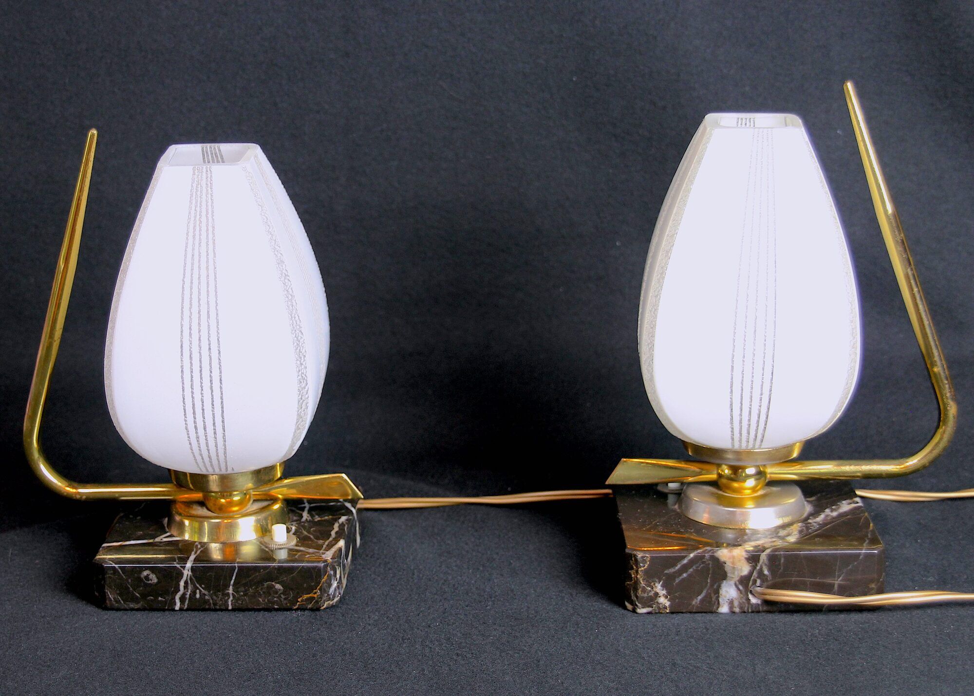 Mid 20th Century Marble Brass and Opaline Bed-Side Lamps, Maison Arlus, France - a Pair