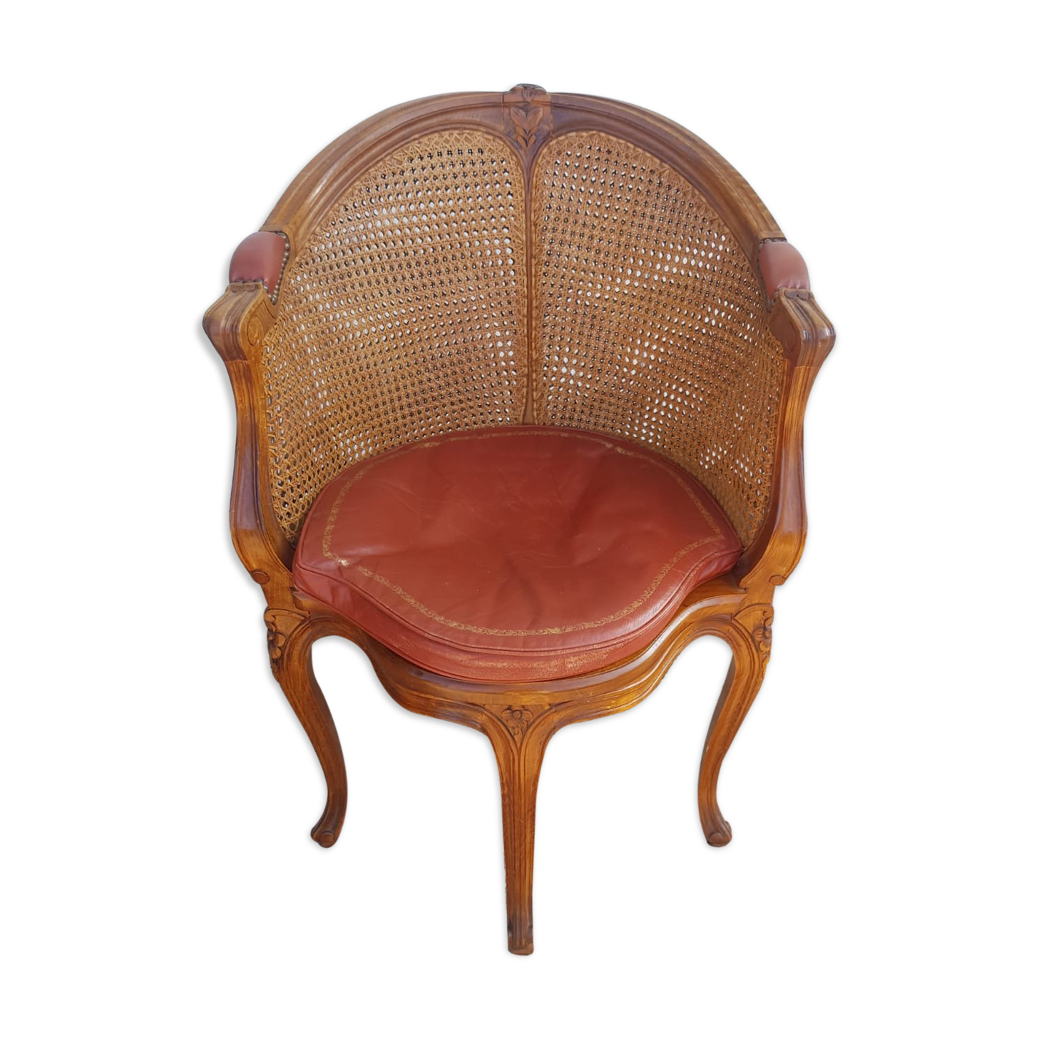 Fauteuil de bureau style Louis XV cuir et cannage