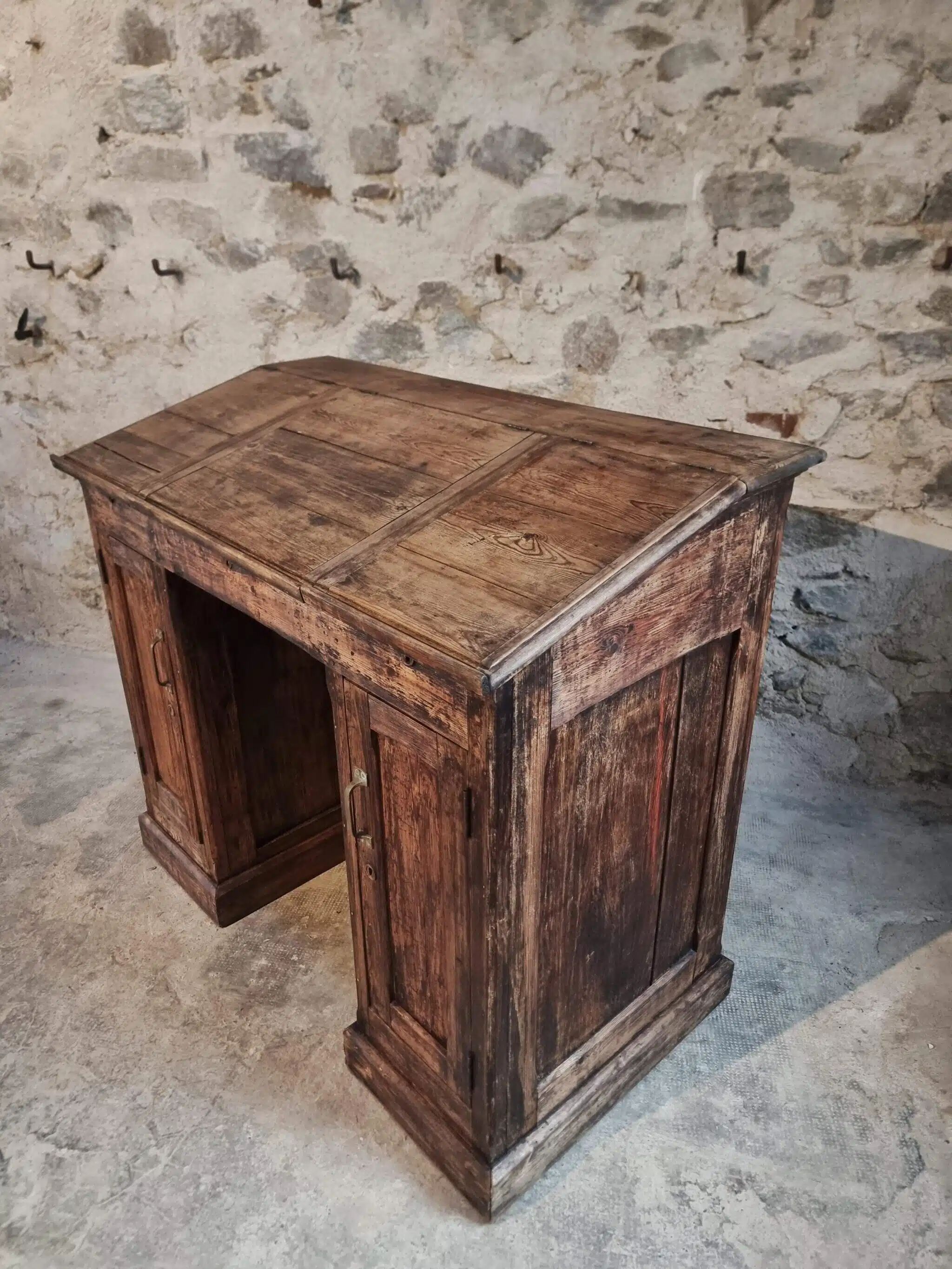 Antique French pine desk – 1880, bar/counter unit with drop-leaf compartments – 65×120×106 cm