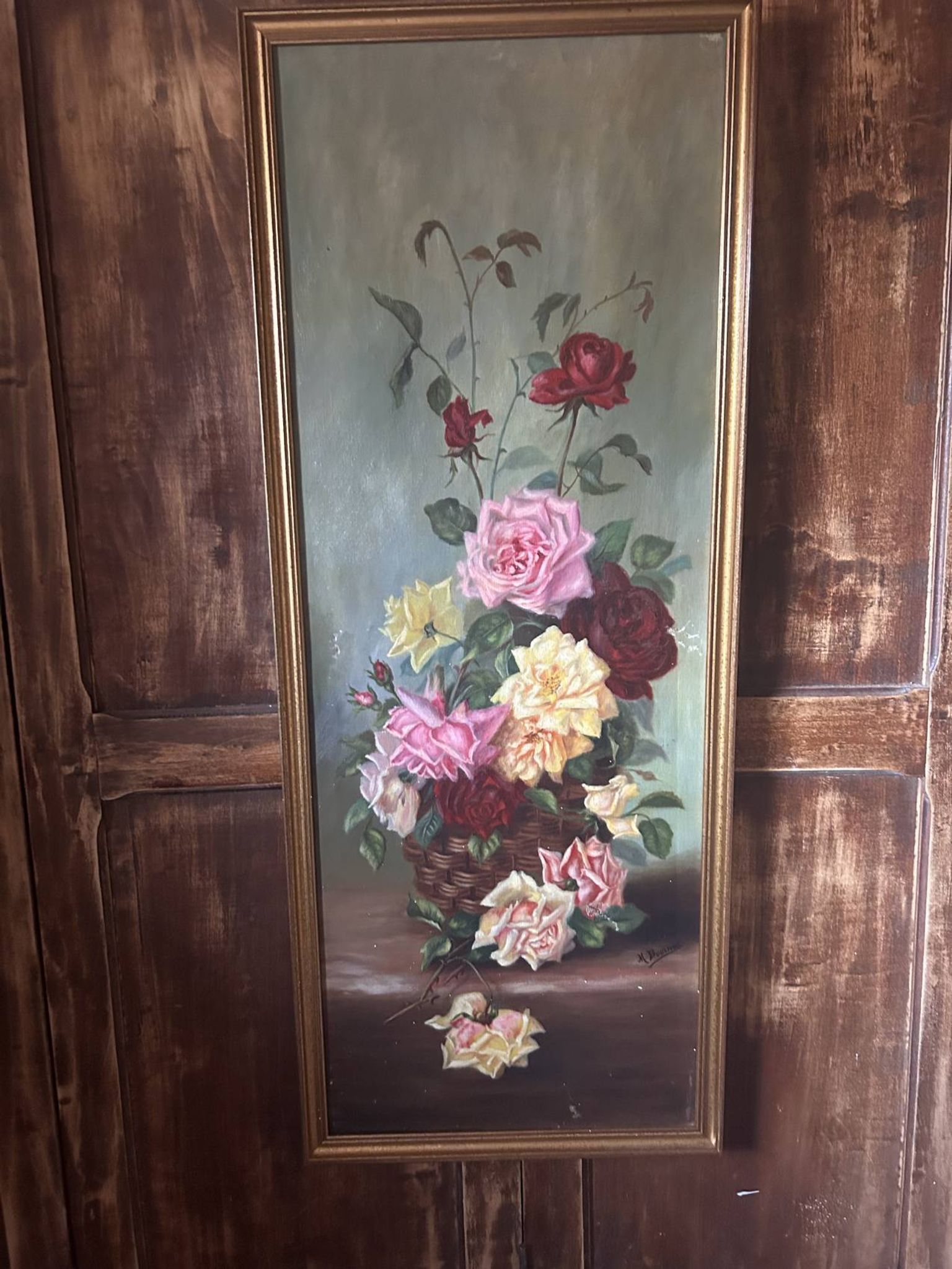 Large antique painting with roses – Oil on canvas from the 1900s – 40 x 102 cm – a large decorative format