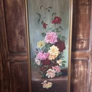 Large antique painting with roses – Oil on canvas from the 1900s – 40 x 102 cm – a large decorative format