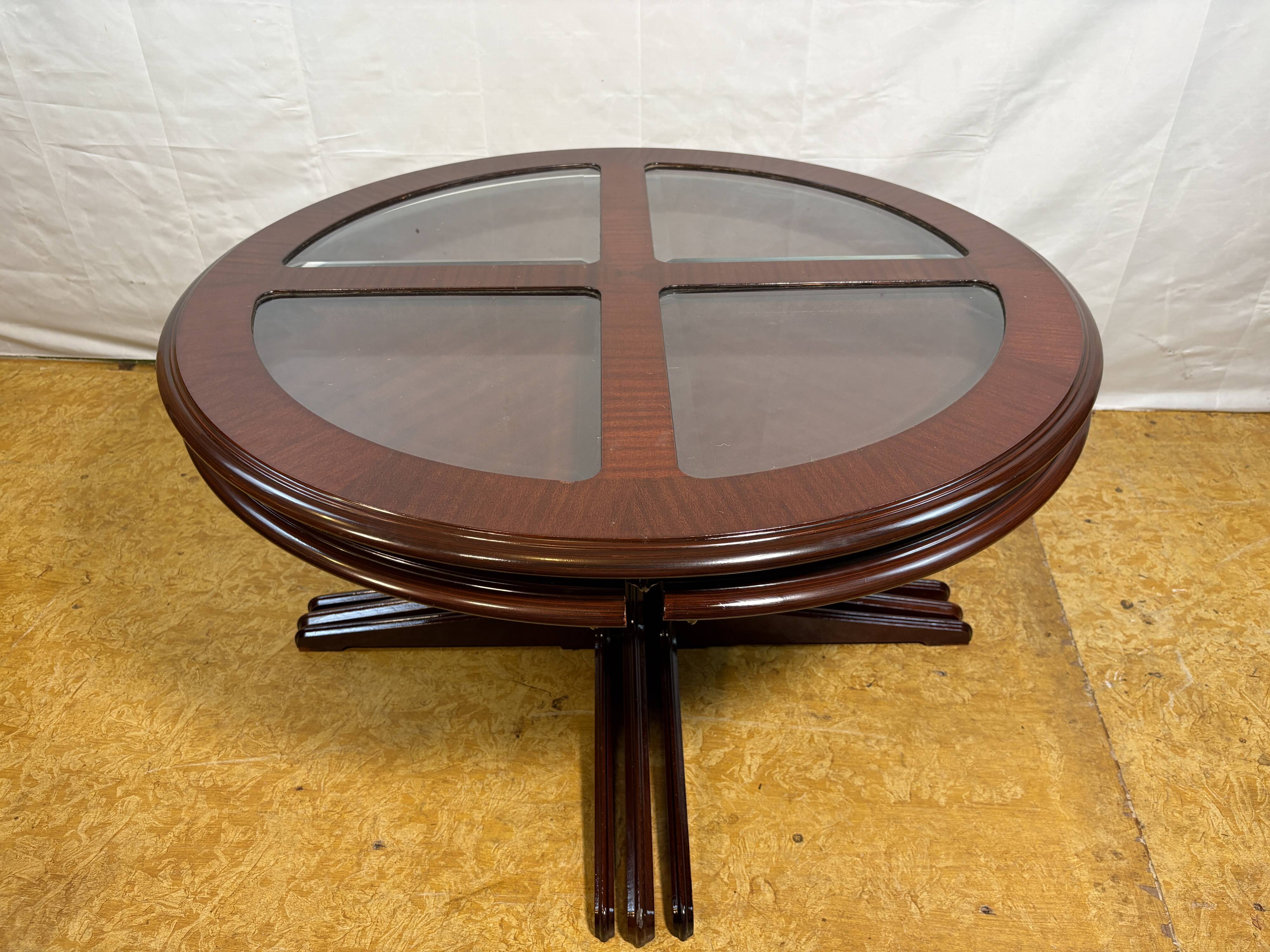 Vintage G-Plan Round Coffee Table & 4 Nested Stools | 1970s | Mahogany & Gl