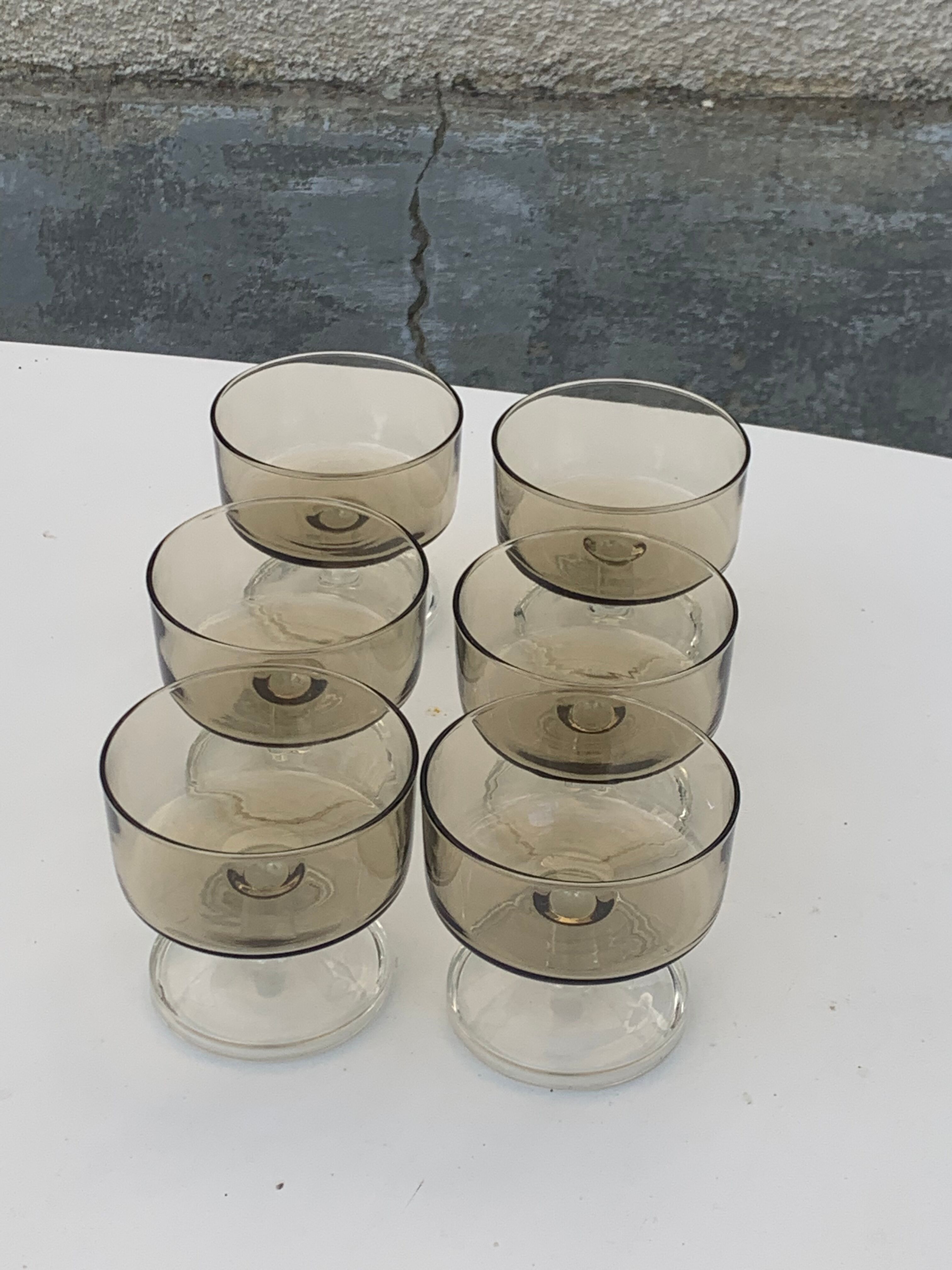 6 glasses of champagne two-tone brown and transparent vintage 1970