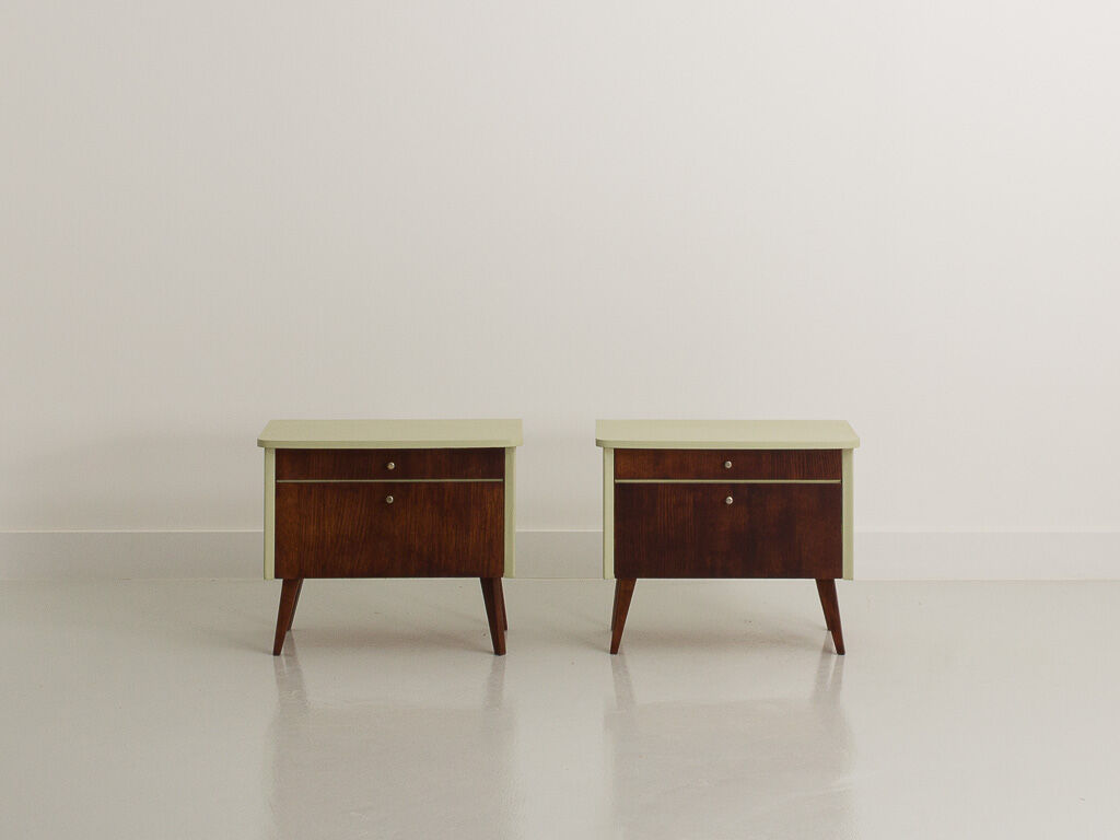 Pair of vintage bedside tables completely restyled in pale green on solid beech compass legs